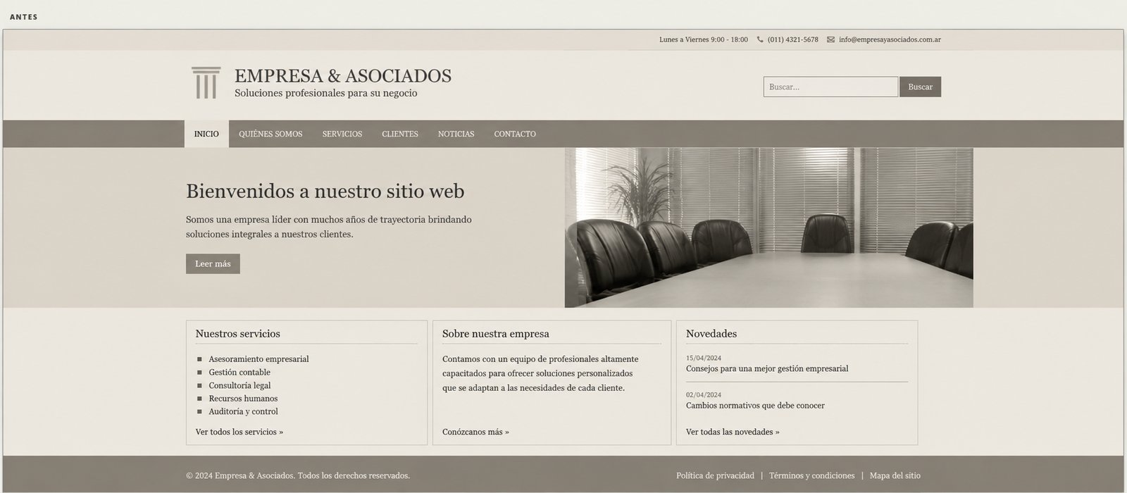 Sitio web antiguo, con diseño desactualizado
